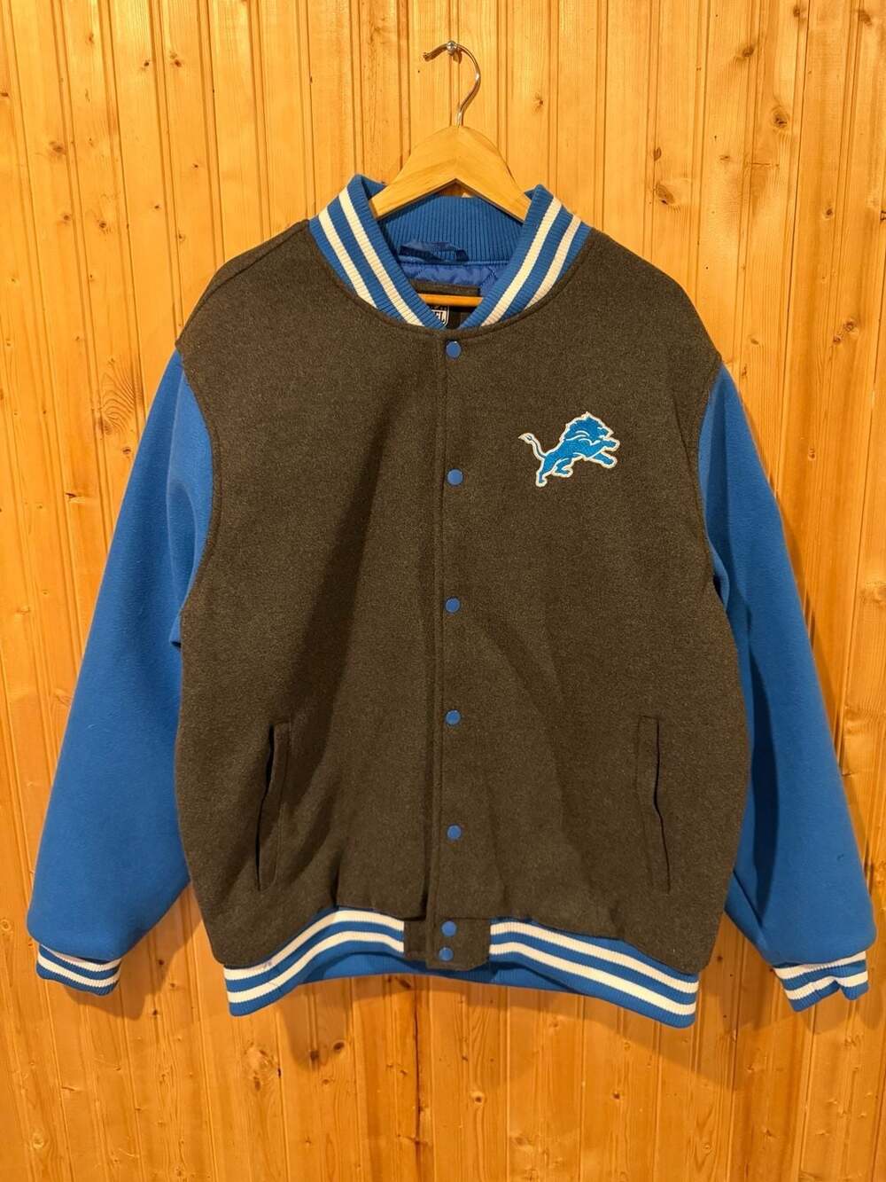 NFL Team Apparel Detroit Lions Charcoal and Blue Varsity Letterman Jacket